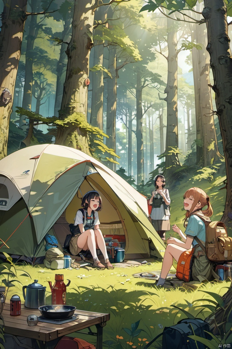 anime character, A lively camp scene, Earth-toned camping gear, Laughing, girls, Forest groves and grassland, (masterpiece, best quality, perfect composition, very aesthetic, absurdres, ultra-detailed, intricate details, Professional, official art, Representative work:1.3)