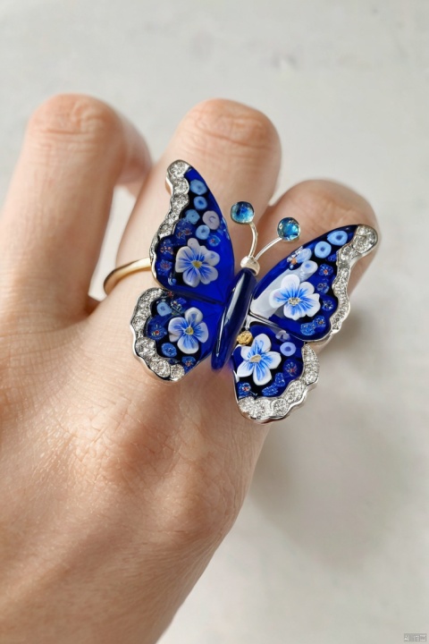 Millefiori glass style,blue jiezhi_Butterfly Ring, (masterpiece, best quality, perfect composition, very aesthetic, absurdres, ultra-detailed, intricate details, Professional, official art, Representative work:1.3)