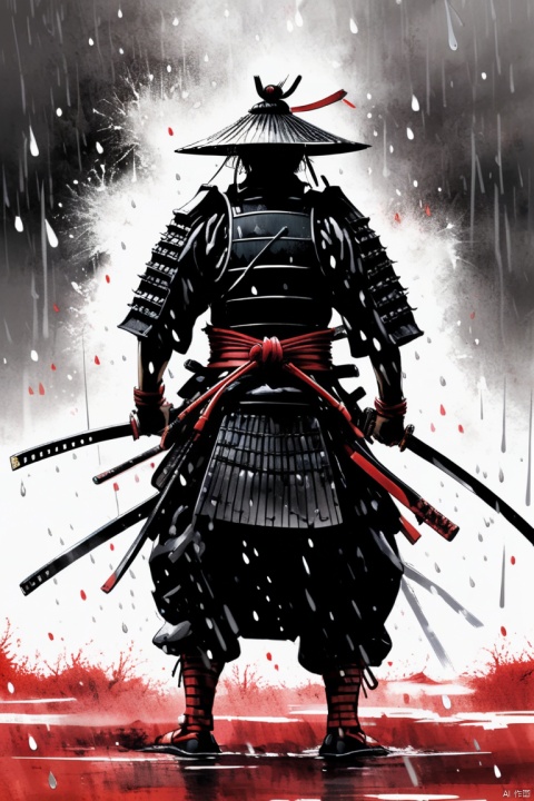 traditional Japanese art, ink splatter, samurai, detailed Japanese armor, dramatic lighting, akira kurosawa style, black rain, brushstrokes, powerful stance, stoic expression, raindrops, strong contrast, mood of solitude, crimson hues, sharp focus, minimalist background, traditional calligraphy, stormy atmosphere, epic battle scene, traditional Japanese landscapes, panoramic, Ultra high saturation, (best quality, masterpiece, Representative work, official art, Professional, 8k)