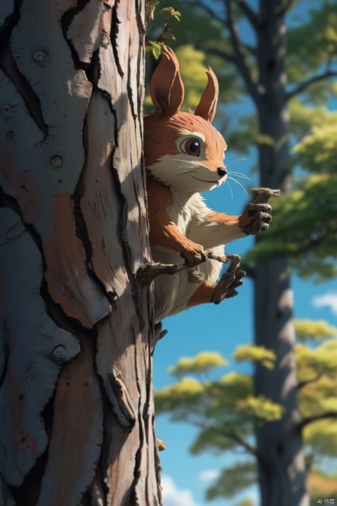 Squirrel Stick head out of a tree, Drill out, a tree, Anime, Soft color, studio ghibli, ghibli style, soft tone, panoramic, Ultra high saturation, bright and vivid colors, intricate, (best quality, masterpiece, Representative work, official art, Professional, 8k)