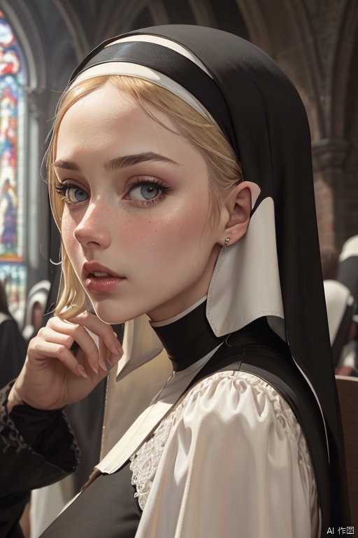 close up of beautiful Nun, church, anime realistic, (masterpiece, best quality, perfect composition, very aesthetic, absurdres, ultra-detailed, intricate details, Professional, official art, Representative work:1.3)