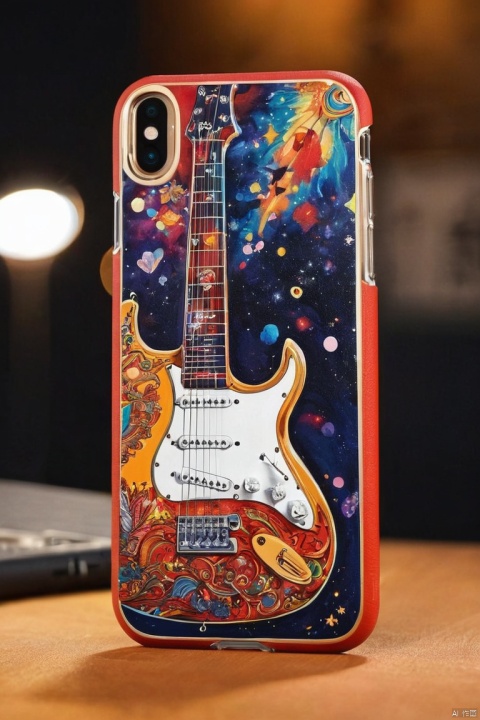 mobile phone case with (idol playing guitar on stage:1.4) design, The colors are (visually striking, vivid) and the image features (sharp focus) to make the illustration design stand out. The art style of the case leans towards (cartoonish, illustrative). The lighting in the image is (bright and well-balanced). Overall, this phone case combines (cute, detailed, and vibrant) elements to create a visually appealing accessory, (masterpiece, best quality, perfect composition, very aesthetic, absurdres, ultra-detailed, intricate details, Professional, official art, Representative work:1.3)
