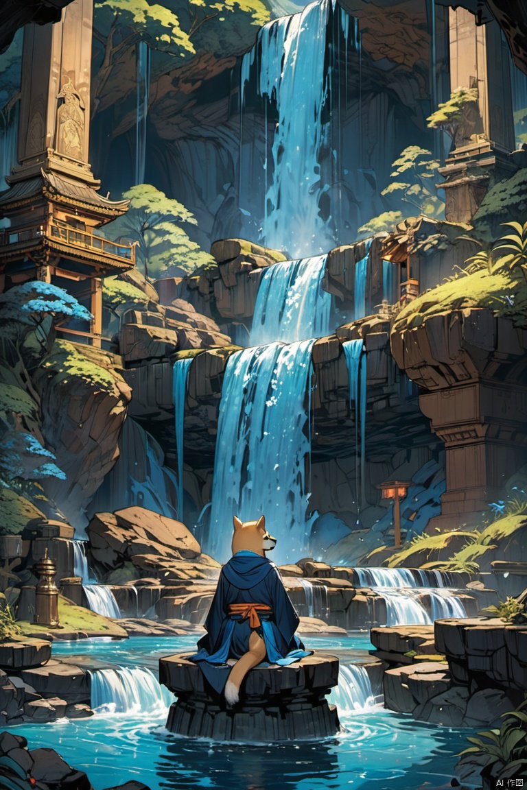 fantasy art, photorealistic, D&D art, a picture of a anthropomorphic Shiba Inu monk sitting and meditating near a waterfall, at the base of the waterfall, there is a anthropomorphic (Shiba Inu monk) wearing monk garbs, meditating near a bonfire near an (epic sized waterfall), light brown fur, water coming down from a volcanic cliff, multi level water falls, several pools created in different levels, forming new waterfalls, water cascading into a (large lava pool) steam rising, clear water in many hues of blue and azure falling, (masterpiece, best quality, perfect composition, very aesthetic, absurdres, ultra-detailed, intricate details, Professional, official art, Representative work:1.3)