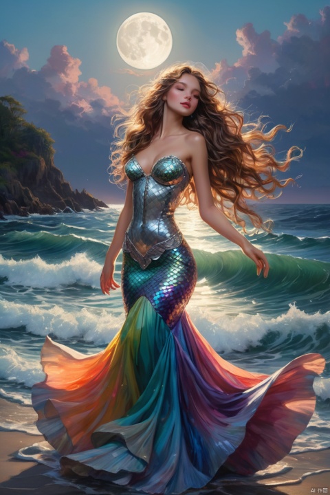 The night fell low, and the silver moonlight penetrated the sea surface, shining on a mermaid princess. She was dressed in a flowing and colorful scale long skirt, dancing gracefully on the sea surface. Her long hair undulated with the waves, as if dancing with the ocean, breathtaking beauty, (masterpiece, best quality, perfect composition, very aesthetic, absurdres, ultra-detailed, intricate details, Professional, official art, Representative work:1.3)