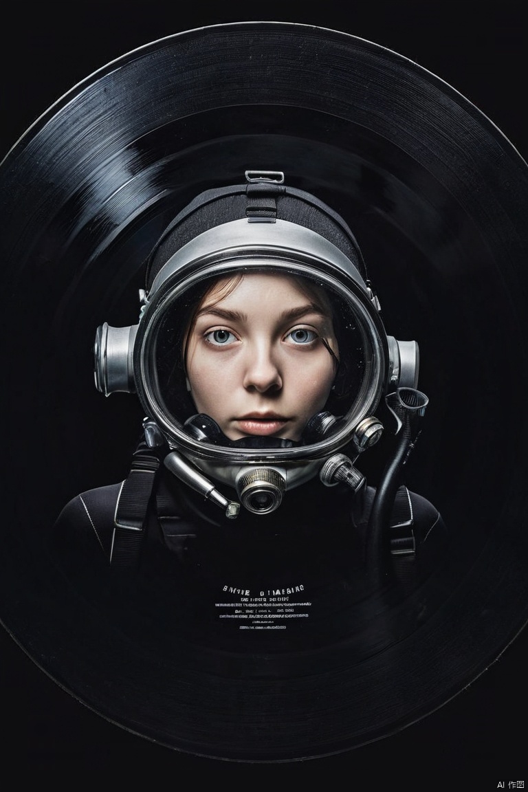  image of Diving suit girl underwater on Black vinyl record, cover design, minimalism art, (masterpiece, best quality, perfect composition, very aesthetic, absurdres, ultra-detailed, intricate details, Professional, official art, Representative work:1.3)