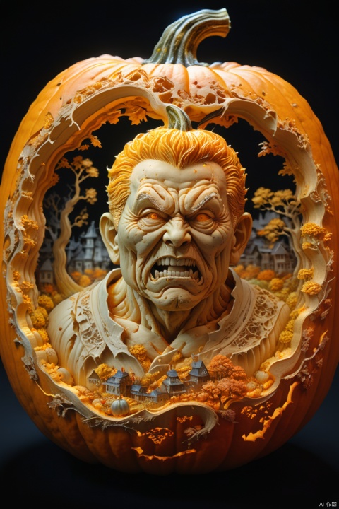 3D model carved inside a Pumpkin, halloween background, carved by Katsuhiro Otomo and Yoji Shinkawa, dore intricate elaborate, detailed fantasy, colorful lighting inside carved pumpkin, fall background, award-winning carved pumpkin, national geographic photograph, by Katsuhiro Otomo, octane render, (best quality, masterpiece, Representative work, official art, Professional, 8k:1.3)