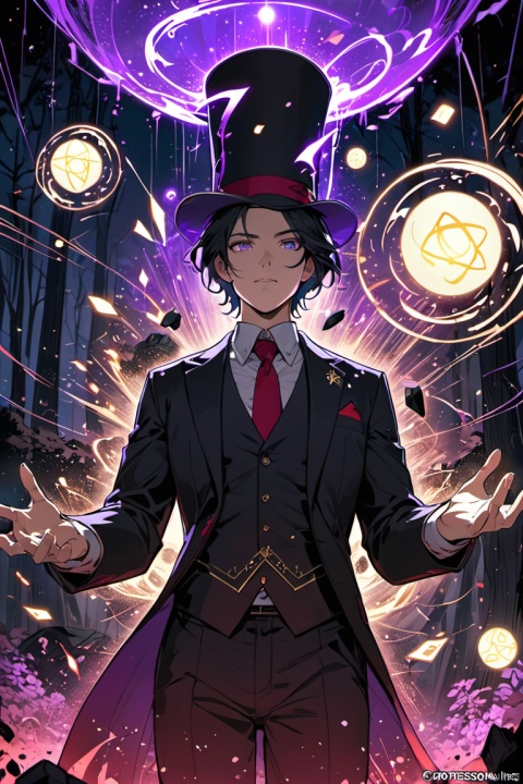 (magician floating high in the air), wearing red classy black suit, ruined forest, floating debris, floating person in the air, magic, floating dust, floating magic energy spheres, magic splash, magic sparks, magic lines, magic runes, night time, glowing purple eyes, (masterpiece, best quality, perfect composition, very aesthetic, absurdres, ultra-detailed, intricate details, Professional, official art, Representative work:1.3)