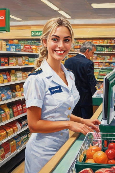 A classic oil painting depicting a woman working at the checkout of a supermarket dressed in sexy uniform, smiling, flirting, (masterpiece, best quality, perfect composition, very aesthetic, absurdres, ultra-detailed, intricate details, Professional, official art, Representative work:1.3)