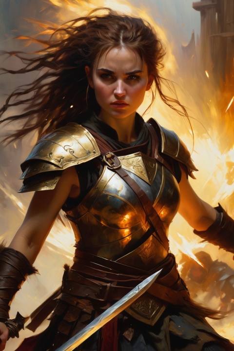 by Casey Baugh, an ancient female warrior fighting on the battlefield, dungeons & dragons, fantasy art, hyper realistic oil painting, enhance, intricate, (best quality, masterpiece, Representative work, official art, Professional, unity 8k wallpaper:1.3)
