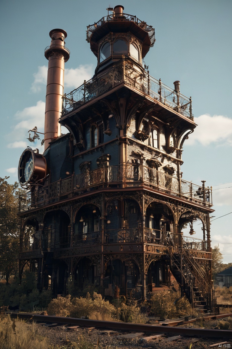 (Lighthouse:1.4), gothic style, Decopunk navigating through a gritty Steampunk setting, embodies the rebellious spirit of the Decopunk subgenre. Copper piping and brass fixtures adorn, labyrinthine Victorian-era. Steam whistles blow in the distance, while gears turn ominously overhead. dark, mysterious, haunting, dramatic, ornate, (best quality, masterpiece, Representative work, official art, Professional, 8k, Ultra intricate detailed:1.3)