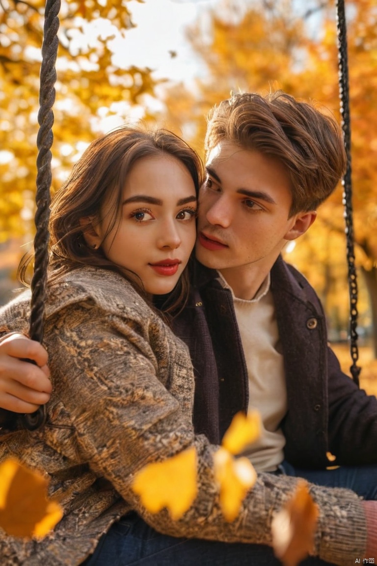 A photo of two people,A couple sitting on a swing in autumn,Passionate kisses,Stunning scenery,Golden autumn leaves,Beautiful detailed eyes,Beautiful detailed lips,extremelydetailedeyesandface,Long eyelashes,Cozy Fall Outfits,Warm colors,Sunlight through the trees,breeze,picturesque park,Romantic Mood,Tranquil Background,HDR,UHD,Studio Lighting,Super Fine,Sharp Focus,Physically Based Rendering,Extremely detailed description,major,Vivid colors,blur background, (masterpiece, best quality, perfect composition, very aesthetic, absurdres, ultra-detailed, intricate details, Professional, official art, Representative work:1.3)