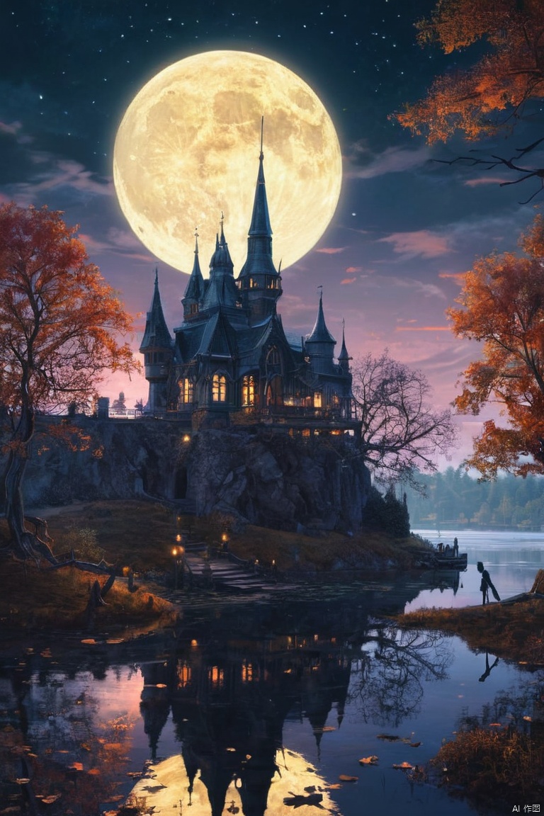 dream castle,beautiful witch,illustration,enchanted atmosphere,gloomy sky,mysterious shadows,crystal clear lake,vibrant colors,magic spells,ancient books,glowing moonlight,haunting beauty,detailed architecture,gothic elements,twisted trees
, (masterpiece, best quality, perfect composition, very aesthetic, absurdres, ultra-detailed, intricate details, Professional, official art, Representative work:1.3)