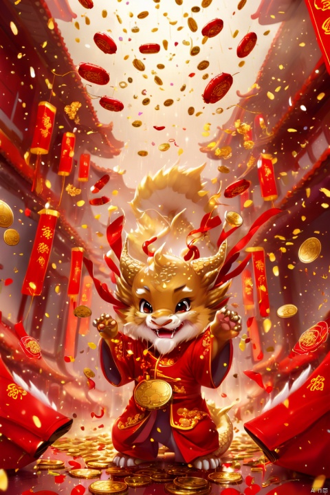 Chinese New Year, oriental dragon, cute dragon cub, big furry head, red clothes. bowing, hands clasped together, Gold coin rain, Many gold coins burst out, Many small red envelopes, Red gold confetti, firecrackers, strong festive atmosphere, Chinese elements, red lanterns, panoramic view, Ultra high saturation, (best quality, masterpiece, Representative work, official art, Professional, 8k)