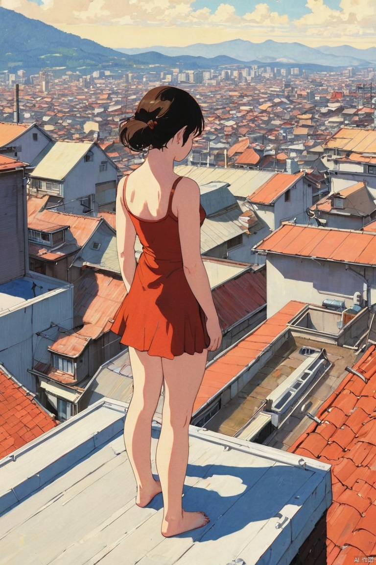 Person Standing on the Rooftop, by Satoshi Kon, (masterpiece, best quality, perfect composition, very aesthetic, absurdres, ultra-detailed, intricate details, Professional, official art, Representative work:1.3)