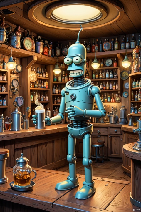 Bender Bending Rodríguez from "Futurama", inside of a whimsical fairy pub, (best quality, masterpiece, Representative work, official art, Professional, Ultra intricate detailed, 8k:1.3)