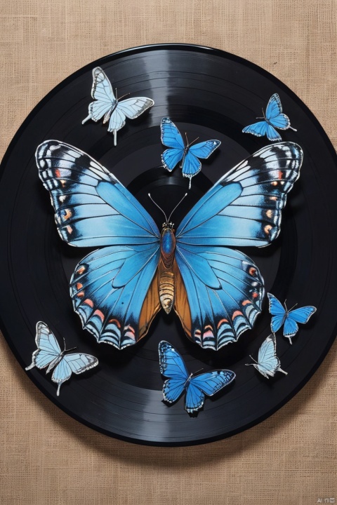 image of blue butterfly, image on Black vinyl record, cover design, package design, minimalism art, (masterpiece, best quality, perfect composition, very aesthetic, absurdres, ultra-detailed, intricate details, Professional, official art, Representative work:1.3)