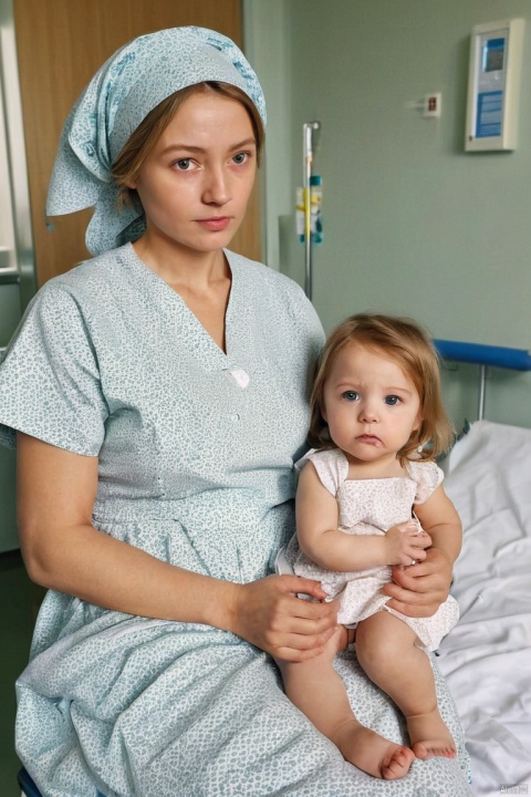 mother and cute daughter, hospital, (masterpiece, best quality, perfect composition, very aesthetic, absurdres, ultra-detailed, intricate details, Professional, official art, Representative work:1.3)