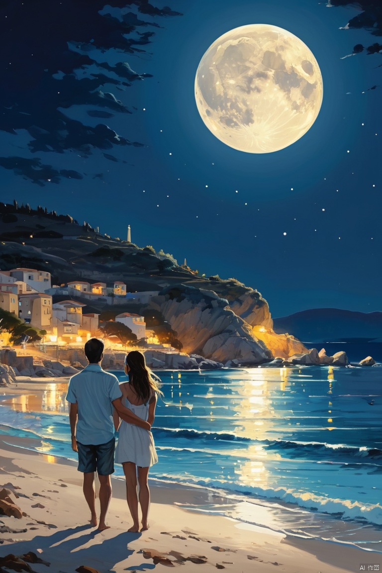 Romantic Aegean Sea,Blue Coast,night,Backlight,couple on beach,There is a big full moon behind,Fresh colors,Soft colors,Diode light,Concept art style,Extremely complex details,Clear distinction between light and dark, (masterpiece, best quality, perfect composition, very aesthetic, absurdres, ultra-detailed, intricate details, Professional, official art, Representative work:1.3)