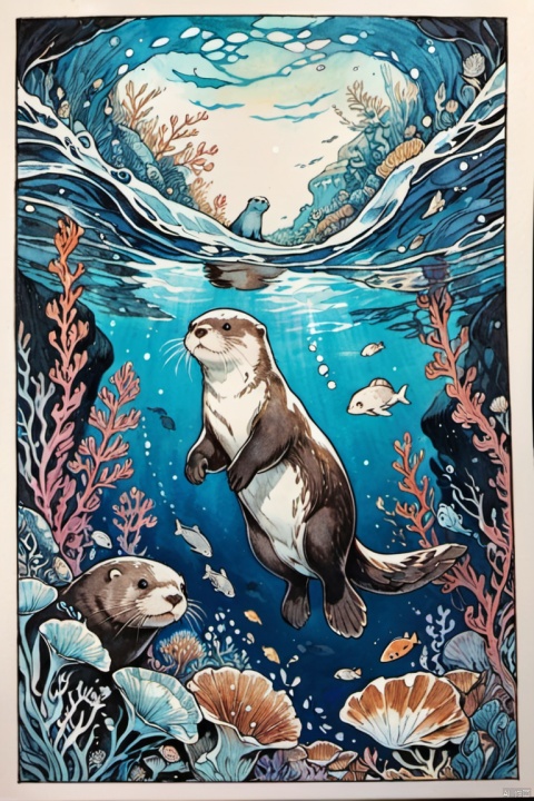 cute illustration, Diving Otter, traditional media, look up, Undersea background, Otter details, Solitary, (masterpiece, best quality, perfect composition, very aesthetic, absurdres, ultra-detailed, intricate details, Professional, official art, Representative work:1.3)
