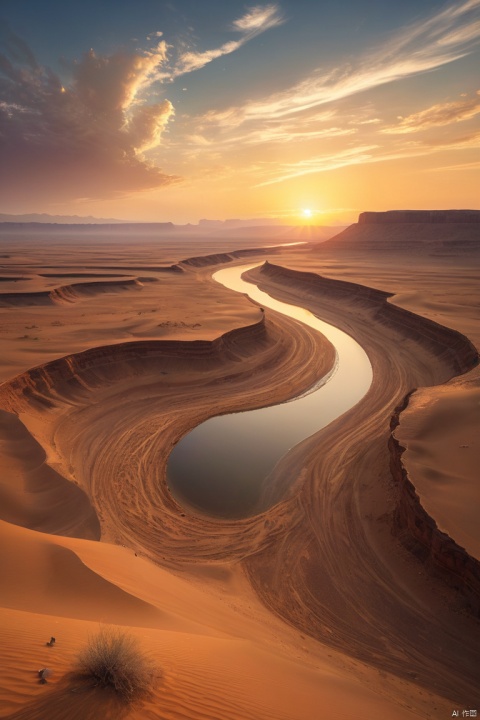 a vast desert expanse stretches far and wide, punctuated by a lone wispy cloud drifting across the sky. In the distance, a majestic river bends its course as the sun sets behind it, casting a warm golden glow on the tranquil scene, (masterpiece, best quality, perfect composition, very aesthetic, absurdres, ultra-detailed, intricate details, Professional, official art, Representative work:1.3)