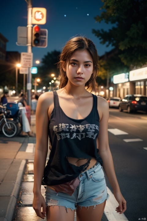 35mm photo of female college student at crossroads, by Steven Kleinin, summer night, (High detail, photograph, realistic), (best quality, masterpiece, Representative work, official art, Professional, 8k:1.3)
