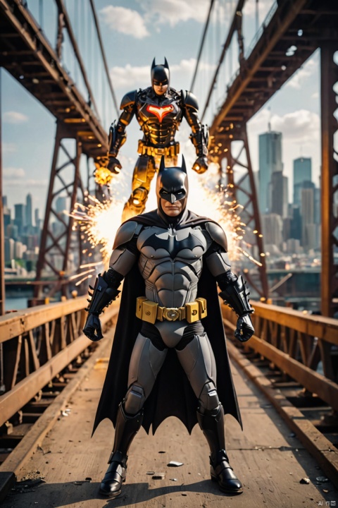 cinematic photo, Full body shot, Mechanical Puppet in batman uniform, colorful, exploding bridge in background, depth of field, wide angle shot, cinematic photorealistic, uhd, natural lighting, raw, rich, key visual, atmospheric lighting, 35mm photograph, film, bokeh, (best quality, masterpiece, Representative work, official art, Professional, Ultra intricate detailed, 8k:1.3)