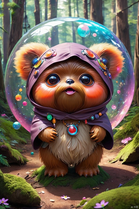 kawaii style an ewok mystic, enchanted forrest, colorful ethereal orbs floating in the air, huge anime eyes, cute, adorable, brightly colored, cheerful, anime influence, (best quality, masterpiece, Representative work, official art, Professional, high details, Ultra intricate detailed:1.3)