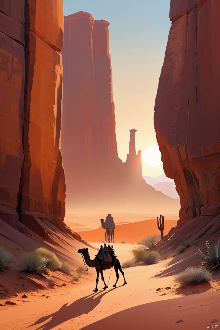 a vast desert landscape, towering red rock formations, A group of tired traders and their camel caravan trudge through rugged terrain, The harsh sun scorched them, Surrounded by vast and empty desert, The colors of the desert are vibrant, Sandstone cliffs and mesas gleam in the warm sunlight, Cacti and shrubs dot the landscape, Gives a feeling of isolation and vulnerability, close_up of The businessman face is etched with determination and resilience, commemorative, desert mountains, desert environment, desert canyon, desert scenery, monument valley, Southwest United States, wild west, Sunset, enhance, intricate, (best quality, masterpiece, Representative work, official art, Professional, unity 8k wallpaper:1.3)