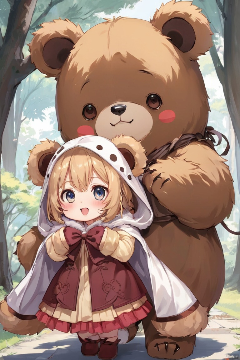 anime, Girl, Alongside, Bear costume, fluffy costume, Little:1.2,Deformation, Cute pose, (masterpiece, best quality, perfect composition, very aesthetic, absurdres, ultra-detailed, intricate details, Professional, official art, Representative work:1.3)