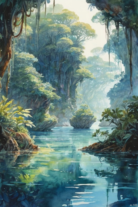 mesmerizing watercolor painting capturing the enchanting seaside landscape of Pandora from the Avatar film series. The breathtaking scene features a magnificent coastal area, lush with vibrant, bioluminescent vegetation. Towering trees and unique flora create a sense of wonder and exploration. The natural light filters through the foliage, casting a soft, ethereal glow on the water, and creating a surreal atmosphere, (masterpiece, best quality, perfect composition, very aesthetic, absurdres, ultra-detailed, intricate details, Professional, official art, Representative work:1.3)