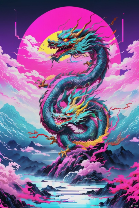 chinese dragon, Vaporwave Aesthetic, Glitch Art, panoramic view, Ultra high saturation, (best quality, masterpiece, Representative work, official art, Professional, 8k)