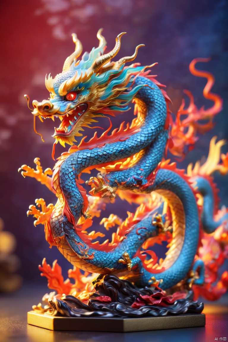 Chinese dragon, blind box, handmade, 3D art, bright colors, high saturation, three-dimensional, soft lighting, background blurring, (best quality, masterpiece, Representative work, official art, Professional, Ultra high detail, 8k:1.3)