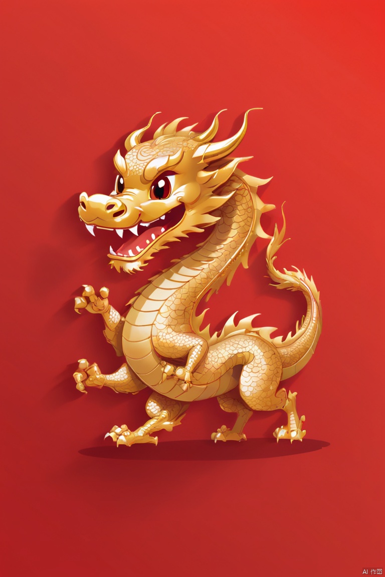 Sketch style, Simple golden negative space on Chinese red background, Smiling happily and cutely, Minimalist Chinese dragon walking, dynamic action, flat, vector, clip art, Greg Staples style, (best quality, masterpiece, Representative work, official art, Professional, Ultra high detail, 8k)