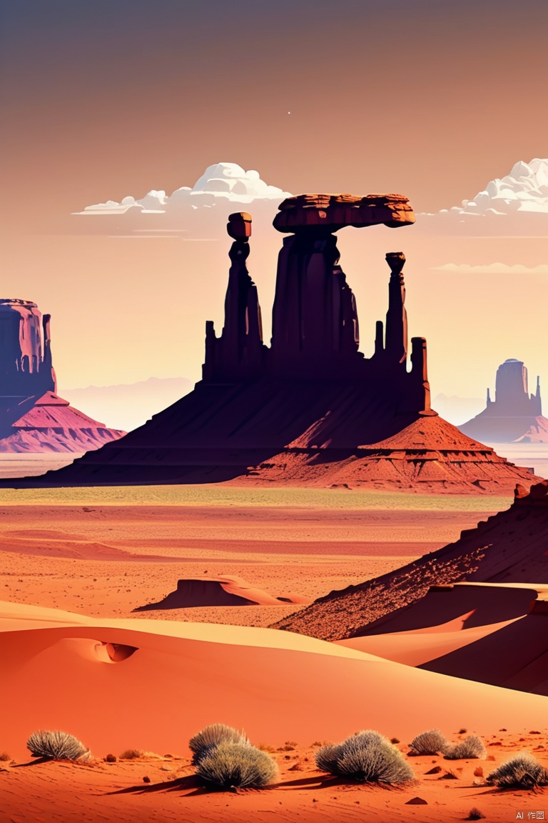 Artistic, monument valley, Giant lone peak formed by sandstone, Giant rocks, Desert Canyon, geomerty, enhance, intricate, (best quality, masterpiece, Representative work, official art, Professional, unity 8k wallpaper:1.3)
