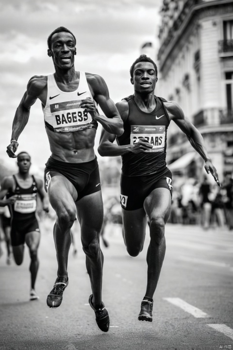Artistic black and white photography of sprinters on the streets of Champs in Paris, motion blur, sports editing photography, (masterpiece, best quality, perfect composition, very aesthetic, absurdres, ultra-detailed, intricate details, Professional, official art, Representative work:1.3)
