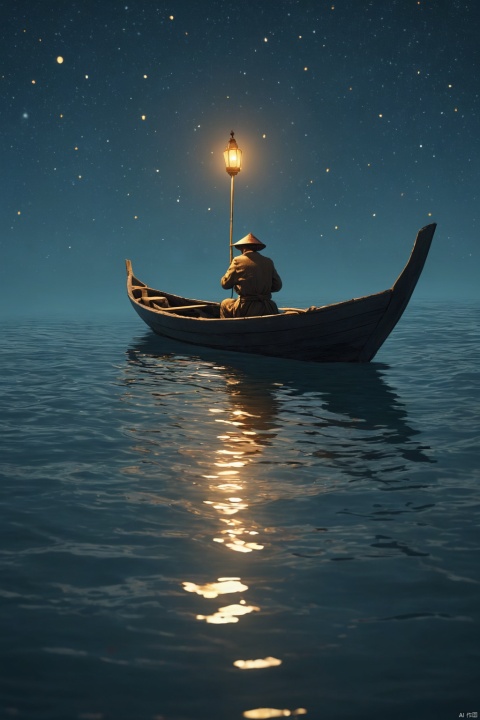 a man rows a small boat across a sea of starsm a small lantern guides his way, a becalmed soul in the sojourn of dreams, (masterpiece, best quality, perfect composition, very aesthetic, absurdres, ultra-detailed, intricate details, Professional, official art, Representative work:1.3)