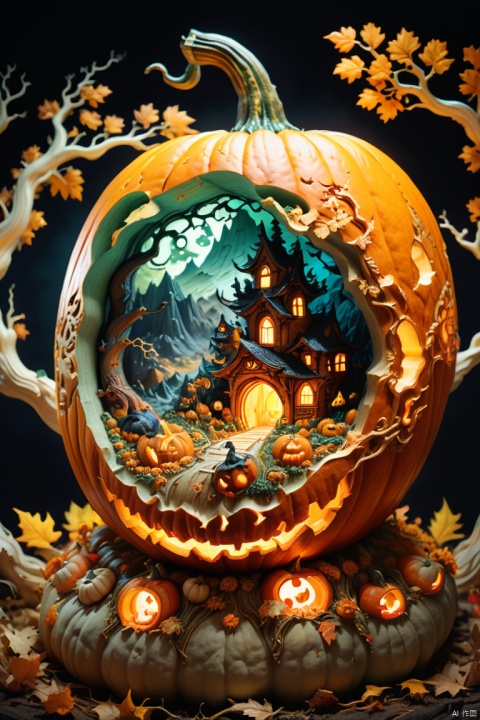 3D model carved Hellscape inside a Pumpkin, halloween background, carved by mark ploog, carved by Gustav, dore intricate elaborate, detailed fantasy, colorful lighting inside carved pumpkin, fall background, award-winning carved pumpkin, national geographic photograph, by Katsuhiro Otomo, octane render, (best quality, masterpiece, Representative work, official art, Professional, 8k:1.3)