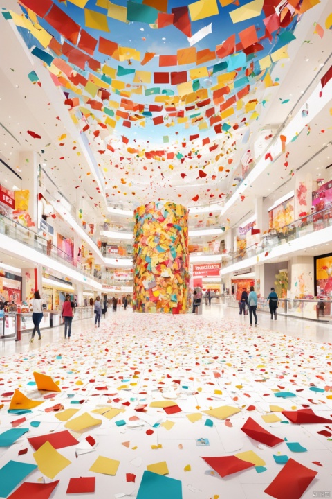 Large scale promotional activities in shopping malls. At the event, colorful paper scraps were scattered and customers were shopping, creating a joyful atmosphere, panoramic view, Ultra high saturation, (best quality, masterpiece, Representative work, official art, Professional, 8k)