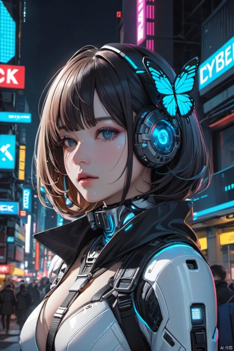 (blue butterfly), portrait, realistic,Cyberpunk,Interweaving of light and shadow. outdoor, high tech,City,Anthropomorphic,Neon,Cyber Background,blur background,close-up, (masterpiece, best quality, perfect composition, very aesthetic, absurdres, ultra-detailed, intricate details, Professional, official art, Representative work:1.3)
