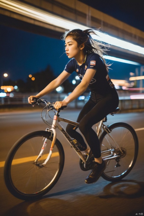 girl,bike,whole body,from side,Night driving,Contest,bold composition,Motion Blur,detailed,Bokeh,(Motion blur),Dramatic lighting,high speed photography, (masterpiece, best quality, perfect composition, very aesthetic, absurdres, ultra-detailed, intricate details, Professional, official art, Representative work:1.3)