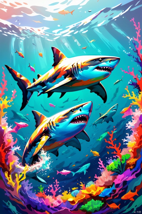 dynamic illustration of shark swimming in colorful sea, a boy and a girl in the sea, (best quality, masterpiece, Representative work, official art, Professional, 8k:1.3)
