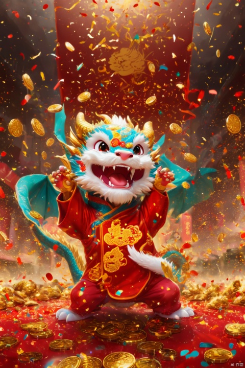 Chinese New Year, oriental dragon, cute dragon cub, big furry head, red clothes. happy, Gold coin rain, Many gold coins burst out, Red and gold confetti, firecrackers, strong festive atmosphere, panoramic view, Ultra high saturation, (best quality, masterpiece, Representative work, official art, Professional, 8k)