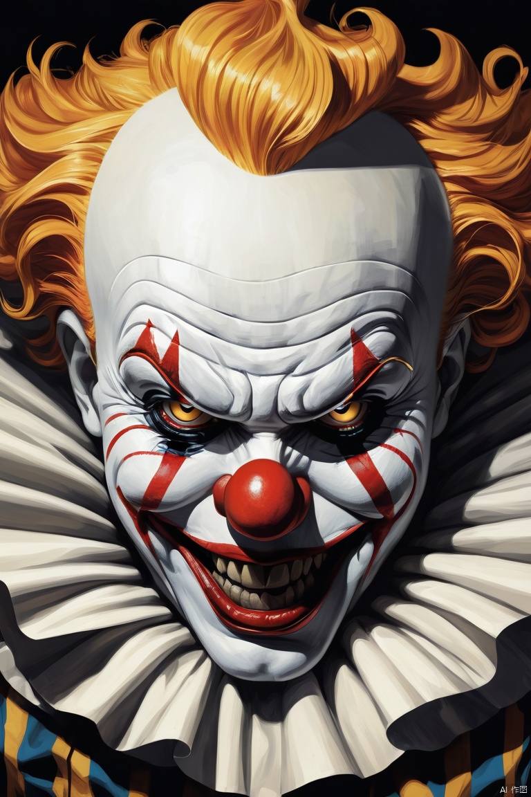 Symmetry, symmetrical, (Angry Clown), in the style of color noir comic art, close-up intensity, golden age aesthetics, (best quality, perfect masterpiece, byyue, Representative work, official art, Professional, high details, Ultra intricate detailed:1.3)