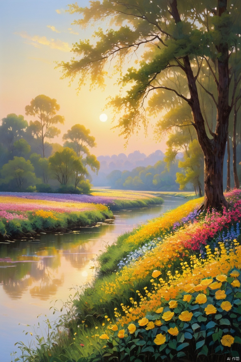 A serene riverbank landscape at dawn, bathed in soft golden light, teeming with life as hundreds of vibrant flowers bloom in harmony. Delicate petals unfurl, swaying gently to the warm breeze that stirs the earth. The air is filled with sweet fragrances as nature awakens from its slumber, painting a breathtaking tapestry of color and vitality.