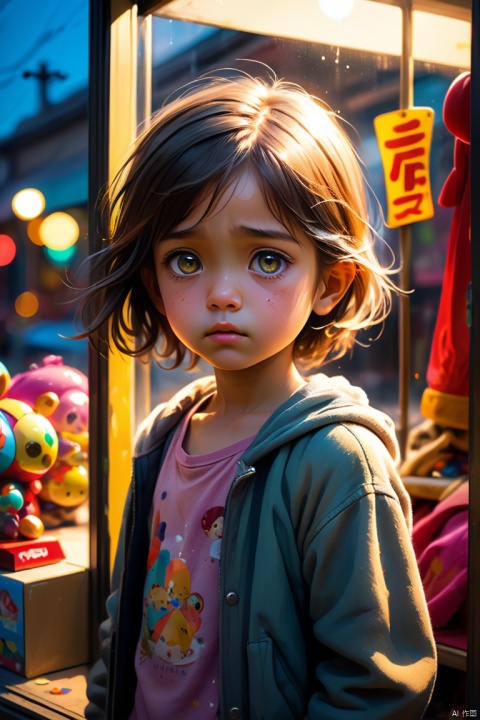 a young poor girl,standing outside a toy shop,looking at the windows,curiosity in her eyes,hopeful expression,longing for a toy,gently touching the glass,dirty and worn-out clothes,wind blowing through her hair,sadness mixed with determination,loneliness in her posture,the colorful and lively toys inside,reflecting in her eyes,poverty contrasted with abundance,humility and innocence in her face,street lights casting a warm glow, octane render, enhance, intricate, HDR, UHD, (best quality, masterpiece, Representative work, official art, Professional, 8k wallpaper:1.3)