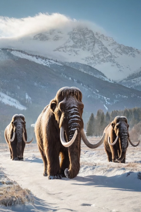 Several giant wooly mammoths approach treading through a snowy meadow, their long wooly fur lightly blows in the wind as they walk, snow covered trees and dramatic snow capped mountains in the distance, mid afternoon light with wispy clouds and a sun high in the distance creates a warm glow, the low camera view is stunning capturing the large furry mammal with beautiful photography, depth of field, (best quality, masterpiece, Representative work, official art, Professional, Ultra intricate detailed, 8k:1.3)