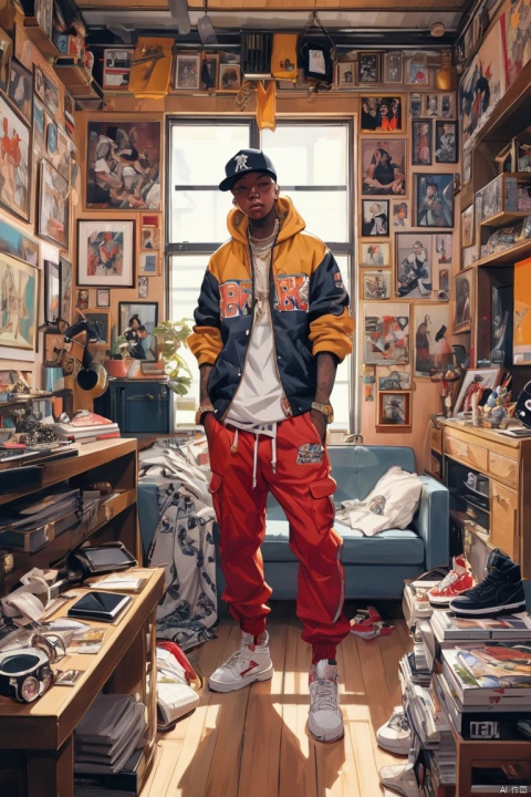 Hip hop fashion design style room, Exquisite decoration, neat and tidy, sort, indoor, realism, detailed background, (masterpiece, best quality, perfect composition, very aesthetic, absurdres, ultra-detailed, intricate details, Professional, official art, Representative work:1.3)