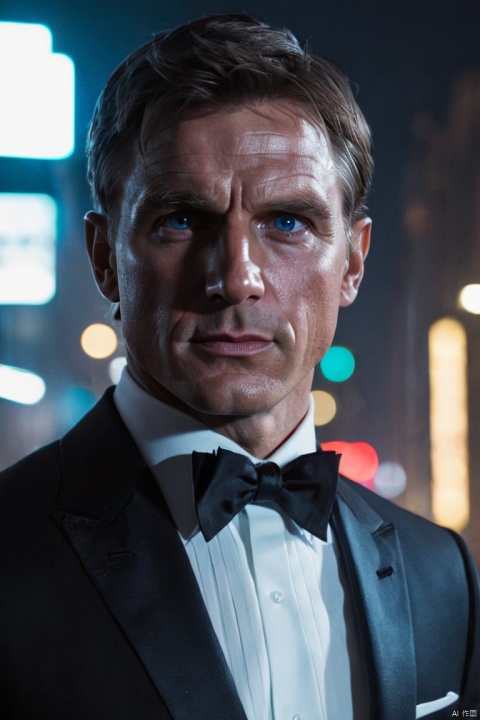 Cold colors, by Artgerm, James Bond, Ethan Hunt, cool spy, tuxedo, walther ppk pisto, martini glass, BREAK London cityscape, spotlights, foggy, noir style, Piercing blue eyes, confident smirk, rugged stubble, posing dramatically, male, (best quality, masterpiece, Representative work, official art, Professional, Ultra intricate detailed, 8k:1.3)