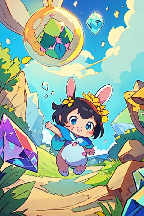 Tiny cute bunny cub in a colorful crystal cave, baby bunny, enchanted, floating orbs, ethereal mist, in the style of fairytale, intricate, (best quality, masterpiece, Representative work, official art, Professional, unity 8k wallpaper:1.3)