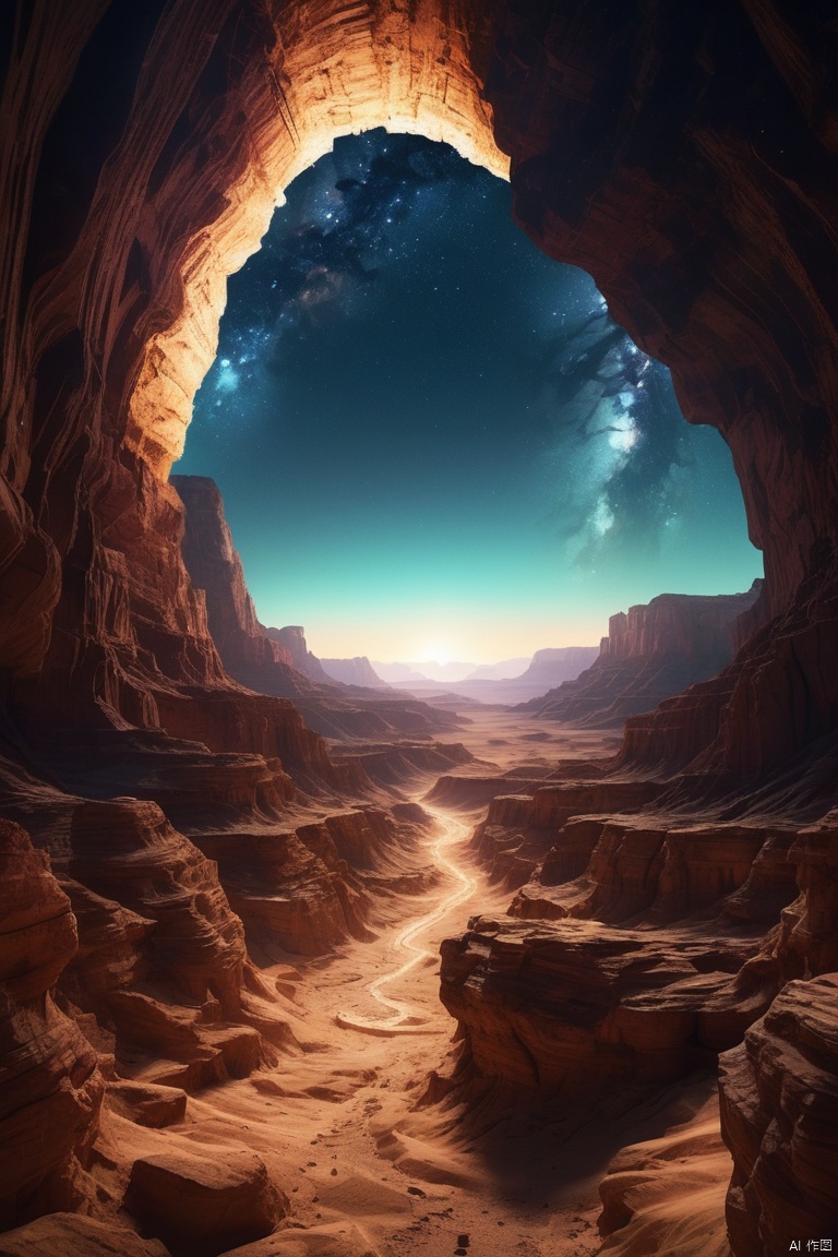 multi-layered basket light,Wide-angle lens, Ultra-wide angle crisp ray traced rendering,Surreal in vast desert canyon under starry sky with mysterious colorful bright lights, Countless dimensions are intertwined. Huge mountains contain the mysterious sheer cliffs of the universe.、narrow passage、Deep valley bottom, magnificent canyon scenery, depth of field, wide-angle movie aesthetics, high-definition fantasy art, enhance, intricate, (best quality, masterpiece, Representative work, official art, Professional, unity 8k wallpaper:1.3)